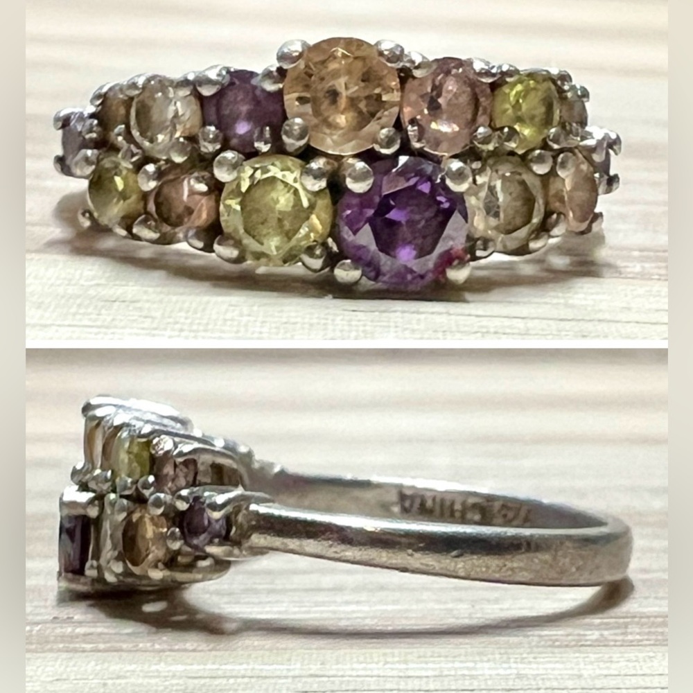 Vintage Designer Signed R Sterling Silver Multi-Colored Cubic Zirconia Ring